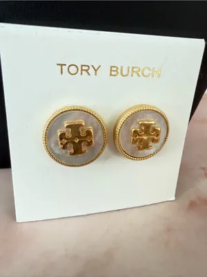 Tory Burch | Gold Plated & Mother of Pearl Logo Button Stud Earrings thumbnail 2