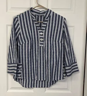 Habitat Clothes to Live In Blue White Striped Split Neck Side Button Top S 11944 thumbnail 1