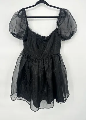 Widow Dolls Kill Black Babydoll Mini Dress Puff Sleeves Organza Large Goth Vamp‎ thumbnail 1