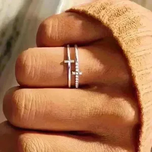 Silver Double Cross Rhinestones Ring Size 7 thumbnail 5