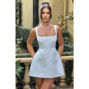 NWT Babyboo Sofie Ivory Satin Square Neck Fit & Flare Mini Dress Womens Size XS thumbnail 4