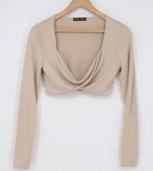 SHEIN Beige Twisted Front Long Sleeve Crop Top Sweetheart Neck Slim Fit Small thumbnail 1