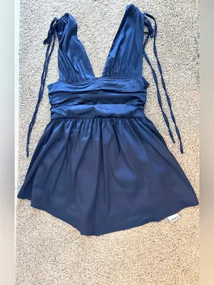 NWT Cider Solid Satin Ruched Mini Dress – Navy Blue – XL thumbnail 8