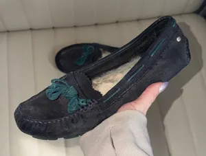 UGG Navy Suede Shearling Moccasins with Teal Bow Trim thumbnail 1