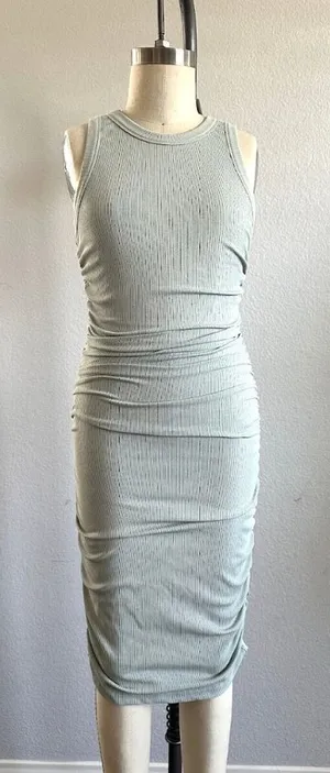 Sleeveless Ribbed Ruched Midi Dress Sage Green Bodycon Size XXS thumbnail 1