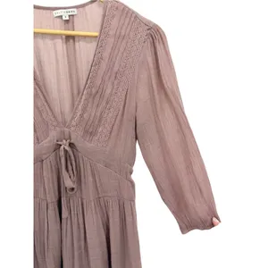 Baltic Born Amelia Boho Mini Dress S Mauve Taupe Lace Trim Tie Front Flowy thumbnail 4