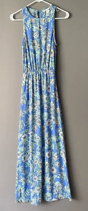 H&M sz‎ 2 blue green halter floral boho maxi sundress thumbnail 1