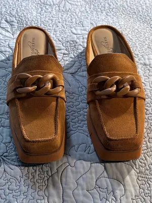☀️Naked Feet Elect Camel Suede Chain Platform Loafer Mules Sz 8🧡 thumbnail 10