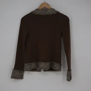 Just Miss Brown Ribbed Open Front Cardigan Tweed Trim Fringed Size 36 Small thumbnail 3