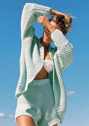 Sabo Skirt Mint Chunky Panama Cardi and Shorts Set. Size Medium Cardigan:Small Shorts:Medium thumbnail 1