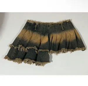 Blue Tan Gold-Wash Jean Denim Ruffle Asymmetrical Mini Skirt Bottoms Size S 💙🤎✨ thumbnail 3