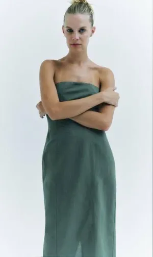 Zara green tube strapless midi linen blend dress thumbnail 2