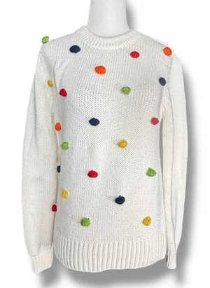 ModCloth White Knit Sweater Multicolor Rainbow Pom Poms Polka Dot Crewneck‎ thumbnail 1