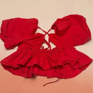 Kimchi Blue Red Puff‎ Sleeve Tiered Peplum Tie-Back Crop Top - S thumbnail 2