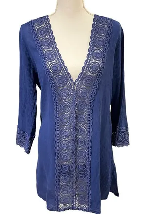 La Blanca Womens Beach Tunic Coverup Size M Blue Coastal Resort Lightweight thumbnail 1
