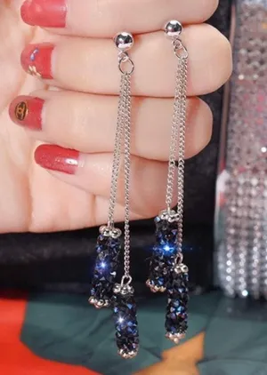 Cylindrical Crystal Beads Chain Stud Drop Earrings Silver thumbnail 2