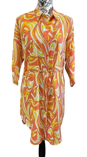 CHERRY Multicolor Button-Down Tie-Waist Shirt Dress Sz-Medium thumbnail 1