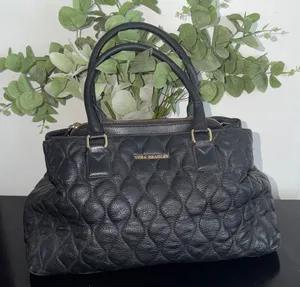 Vera Bradley Black Quilted Leather Satchel Floral Lining Shoulder Bag Classy thumbnail 1