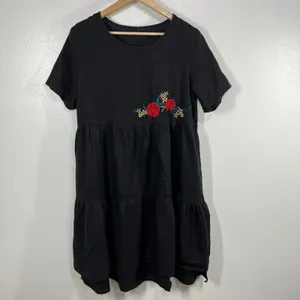 Belongyun Linen Midi Dress Embroidered Floral Tiered Short‎ Sleeve Black Casual thumbnail 2