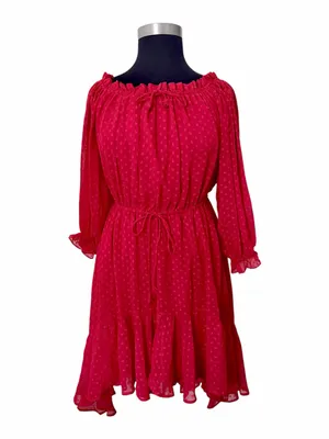 NEW Meghan LA Keiko Swiss Dot Midi Dress Sizes XL Cherry Red Chiffon thumbnail 4