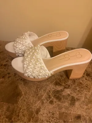 Jessica Simpson Pearl-Embellished White Platform Slide Mules thumbnail 3