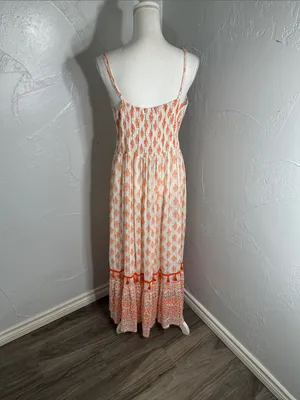 Me 2 Magic Boho Maxi Dress Orange White Embroidered V-Neck Fringe. thumbnail 7