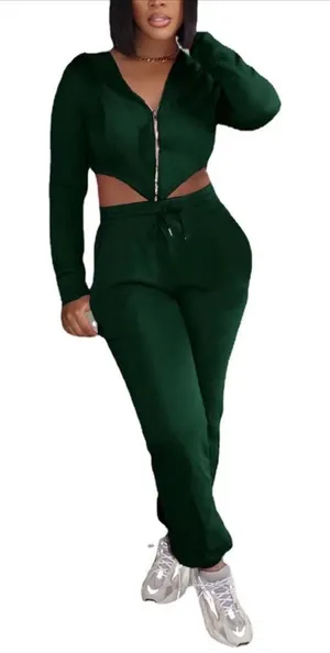 Source Unknown Womens Two Piece Outfits Tracksuit Green Size Small Sweatsuit Cropped Zip Up thumbnail 1