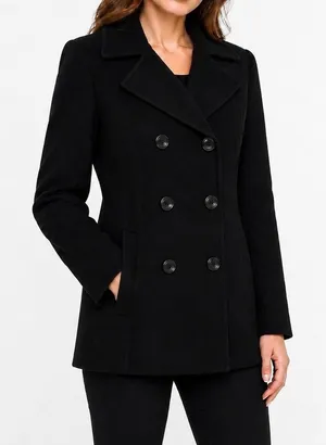 Womens Black Wool Blend Peacoat Size M Double Breasted 6 Button Long Winter Coat thumbnail 1