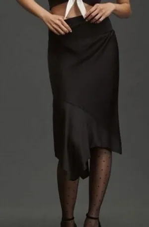 Anthropologie Black Satin Asymmetrical Handkerchief Hem Midi Skirt XL thumbnail 1