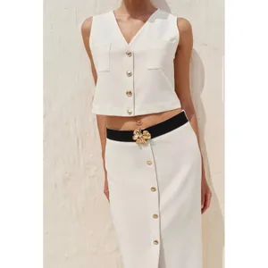 Zara Women Cream Button Front Midi Skirt Gold Brooch Contrast Waistband‎ Slit XL thumbnail 2