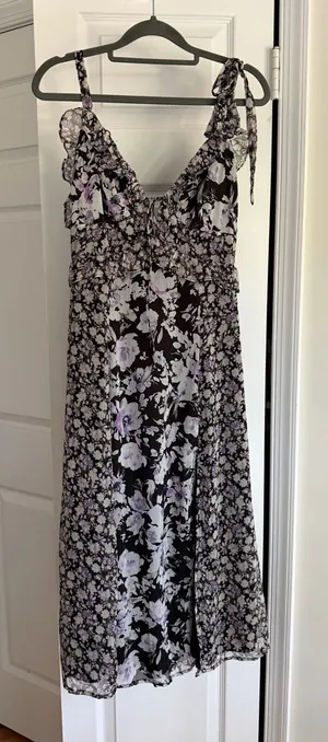 Lulus NWT Black Lavender Floral Ruffle Tie Strap Maxi Dress S thumbnail 1