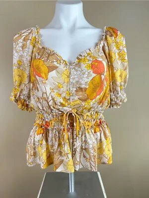 Cato Floral Milkmaid Top L Cottagecore Smocked Puff Sleeve Boho 70s Festival thumbnail 1