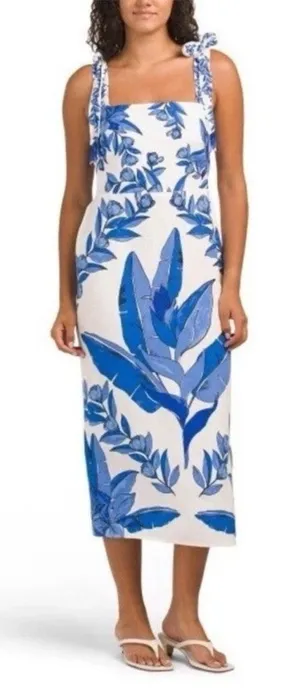 Calypso St Barth Linen Blend Smocked Back‎ Midi Dress Blue White Tropical Size S thumbnail 1