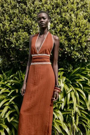 Zara Sleeveless V-Neck Brown Cotton Bohemian Maxi Dress thumbnail 11