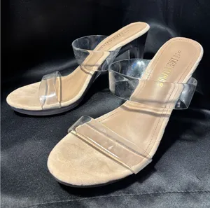 Dream‎ Pairs Clear Strap Block Heel Slide Sandals Nude Beige Size 8 like 9 thumbnail 1