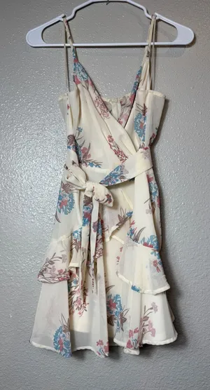 Altar'd State Ivory Floral Wrap Mini Dress Tiered Ruffle Spaghetti Strap XS thumbnail 1