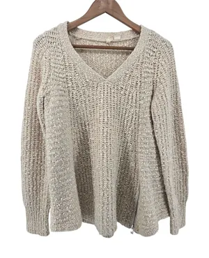 Moth Sweater Womens Medium Chunky Knit Side Zip Cream V thumbnail 1