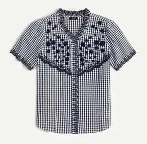 J.Crew Embroidered Indigo Crinkled Gingham Short Sleeve Navy White Top Cotton XS thumbnail 1