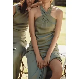 BHLDN Ruby Satin Charmeuse‎ Halter Maxi Dress Size 14 Sage Green Backless thumbnail 2