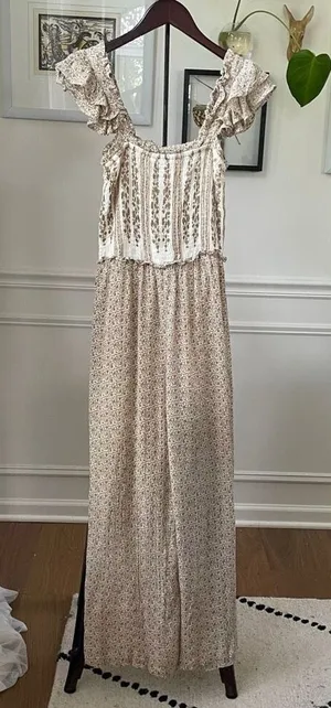 Sim & Sam Smocked Top Jumpsuit Natural Ivory Calico S thumbnail 1
