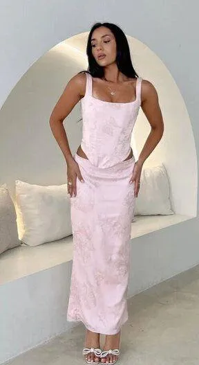 HOUSE OF CB Luisette Floral Satin Midi Skirt in Pink Metallic Size Small thumbnail 1
