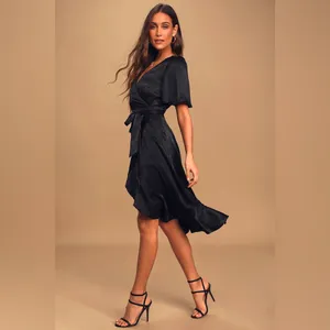 Lulus Wrapped Up In Love Black Satin Faux-Wrap Midi Dress thumbnail 3