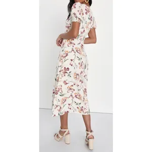 NWT Lulus‎ SZ Large Parisian Picnic Cream Floral Jacquard Puff Sleeve Midi Dress thumbnail 2