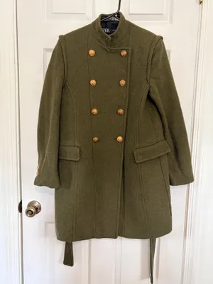 ZARA Olive Green Military Coat Gold Button Belted Preppy Academia Womens M thumbnail 4