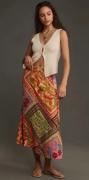 Farm Rio Mixed Scarves Satin Slip Midi Skirt, Size XS thumbnail 4