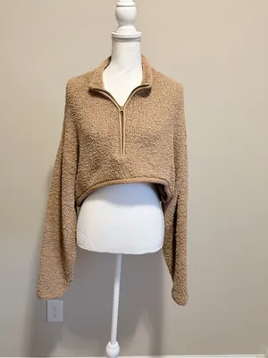 SKIMS Teddy Fleece Quarter Zip Cropped Pullover Beige Cozy Lounge Top L XL thumbnail 4
