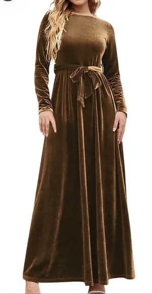 NEW Velvet Maxi Dress Crew Neck Long Sleeve High Waist Belted L thumbnail 1