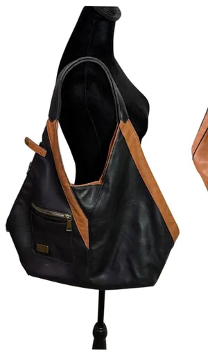 Reversible Vegan Leather Hobo Bag Black Brown Colorblock Slouchy Minimalist BOHO thumbnail 1