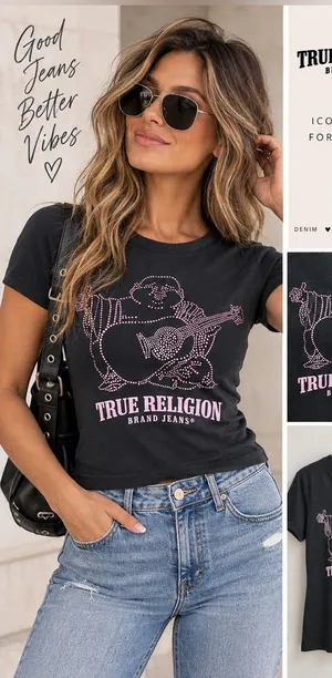 NWT True Religion Crystal Buddha Tee Women’s Small Black Pink Rhinestone Graphic thumbnail 1