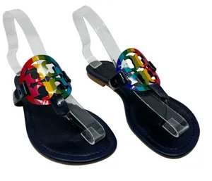 TORY BURCH Navy Blue Rainbow Stripe Miller Logo Patent Leather Sandals Size 7 thumbnail 1